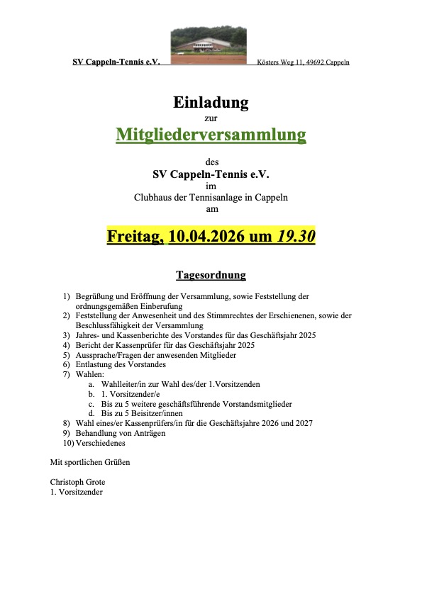 Einladung Mitgliederversammlung am 10.04.2026
